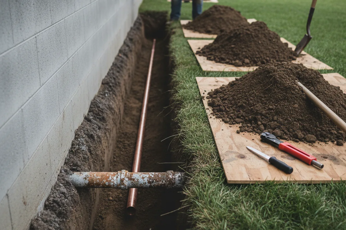 Excavated water line trench during Sewer Line Repair in Gable